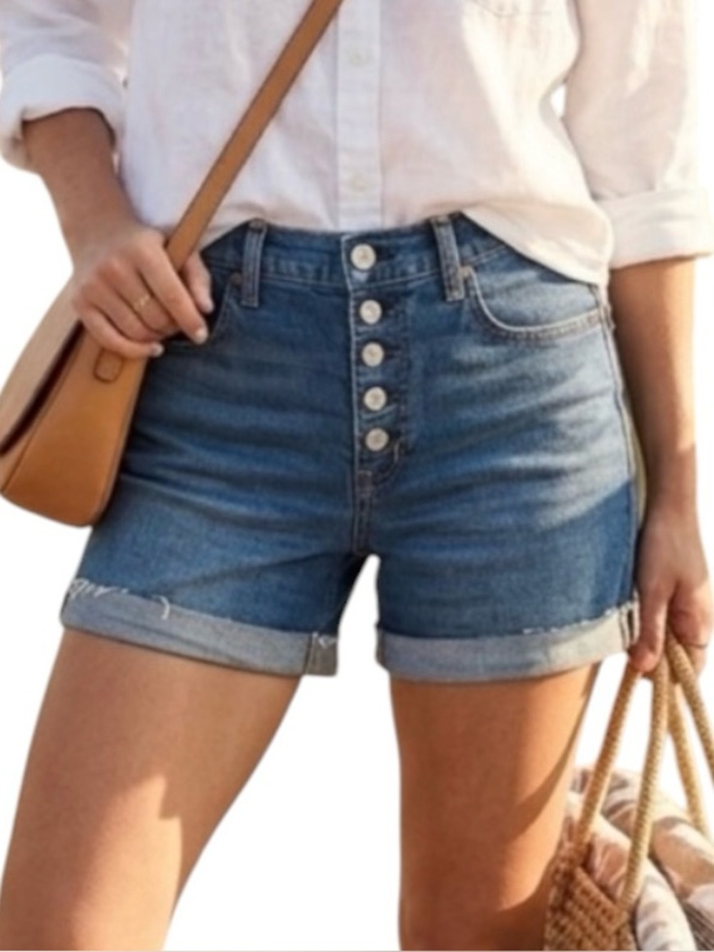 Gap high rise 4” Jean Shorts Raw hem Cuffed Button fly Size 24 Stretch denim
